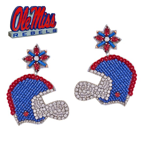 Ole Miss SMU Rhinestone & Seed Beaded Football Helmet Earrings NEW - Picture 2 of 3